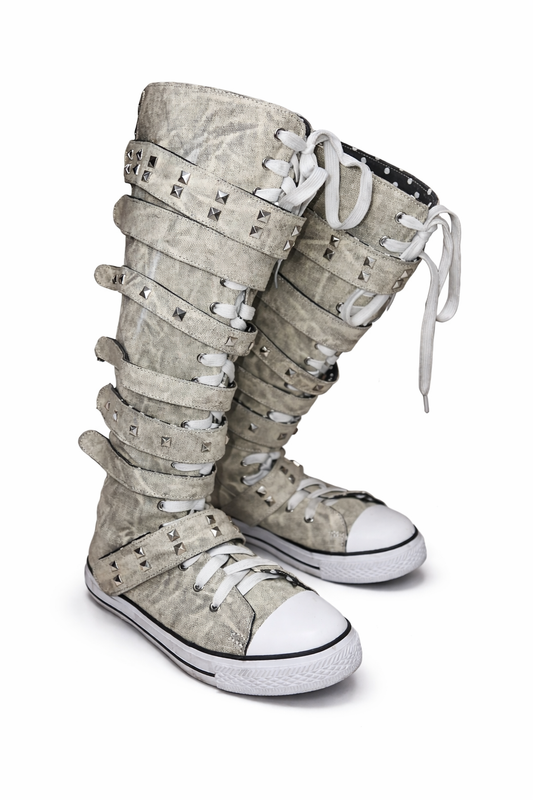 Studded Strap Lace-Up Knee-High Sneaker Boots