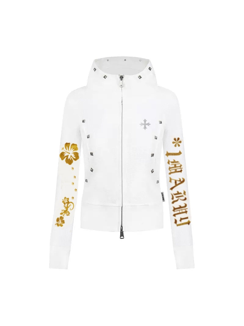 Golden Hibiscus Stud Waffle Hoodie – White Gold