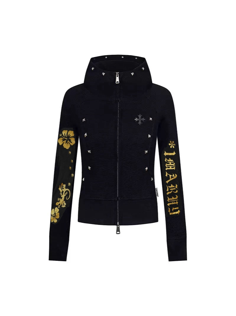 Golden Hibiscus Stud Waffle Hoodie – Black Gold